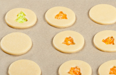 Raw Crystal Cookies In Baking Tray. Sugar Cookies Dough.