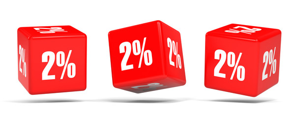 Two percent off. Discount 2 %. Red cubes.
