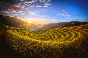 Washable wall murals Mu Cang Chai Rice fields on terraced with wooden pavilion at sunset in Mu Cang Chai, YenBai, Vietnam.