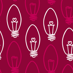 Lamp, light bulb with heart seamless pattern design. Hand drawn doodle light bulb icon. Concept of big idea inspiration, innovation, love. Vector illustration. Idea and love symbol. Sketch.  