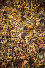 Loose herbal tea with dried flowers and fruits