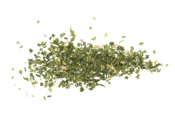 Dry chive pile isolated on white background, top view