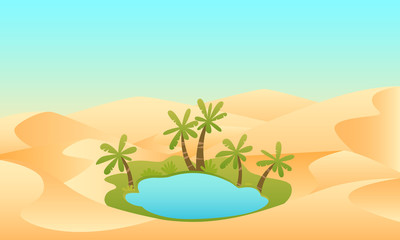 Oasis. Lake and palms in the desert. Vector illustration