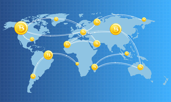 Vector illustration of Financial Technology concept image with bitcoin on the world map background in light colors. Digital currencies , cryptocurrency , digital money and bitcoin concept.
