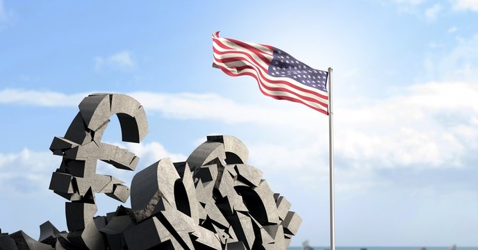 Broken concrete stone with euro symbol and american flag