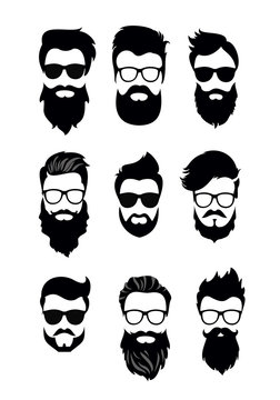 Vector illustration of set of vector bearded men faces, hipsters with different haircuts, mustaches, beards. Silhouettes men haircuts flat style.