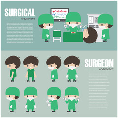 Surgical infographics element and set of surgeon cartoon character . Vector