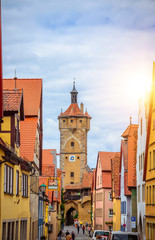 Obraz premium Beautiful streets in Rothenburg ob der Tauber with traditional German houses, Bavaria, Germany