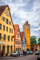 Beautiful streets in Rothenburg ob der Tauber with traditional German houses, Bavaria, Germany