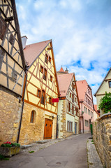 Beautiful streets in Rothenburg ob der Tauber with traditional German houses, Bavaria, Germany