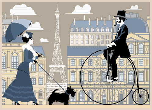Girl with dog and umbrella, and a gentleman on a bicycle on Paris background.. Handmade drawing vector illustration. Vintage style