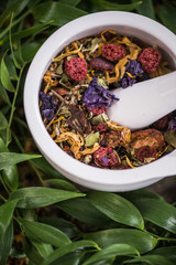 Aromatic colorful tea in pot over green leaves