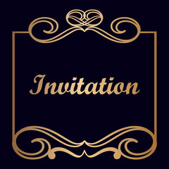 Golden vector decorative frame with place for text. Template for birthday and greeting card, wedding invitation