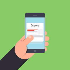News on mobile phone in hand. Vector illustration in a flat style isolated on a color background
