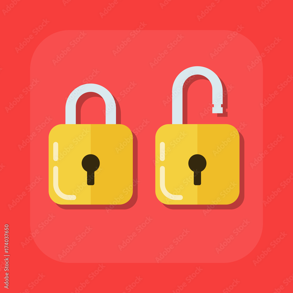 Poster flat vector image of an open and closed padlock. illustration isolated on a colored background