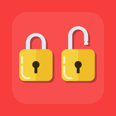 Flat vector image of an open and closed padlock. Illustration isolated on a colored background