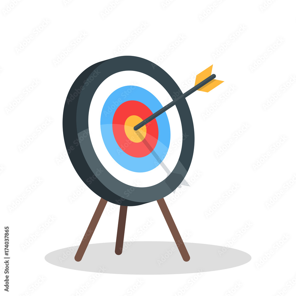 Poster vector image of the arrow is exactly on the target. vector illustration isolated on white background