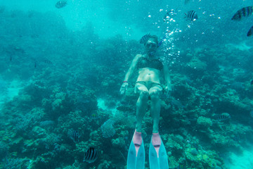 Fototapeta na wymiar The girl floats under water on coral reefs