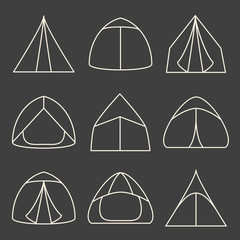 Set of line art touristic tents on grey background