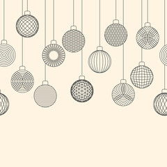 Seamless border made of Christmas ball toy decorations hanging on beige background