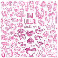 Thai cuisine doodle set. Popular food, drinks and cooking ingredients from Thailand. Vector drawing isolated on white background.