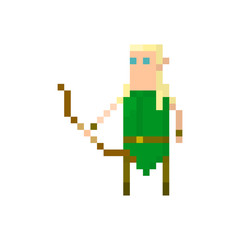 Pixel elf warrior with bow. Сharacter for games and applications