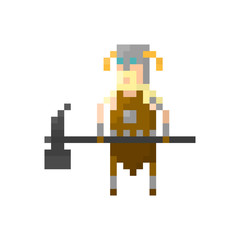 Obraz premium Pixel northern warrior viking with hammer. Сharacter for games and applications