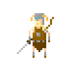 Pixel northern warrior viking with sword and bow. Сharacter for games and applications