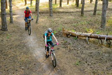 Fototapeta premium Young Couple Riding the Mountain Bikes in the Pine Forest. Adventure and Family Travel Concept.
