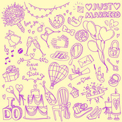 Wedding party doodle set. Love, romantic and Valentine's day themed objects. Vector drawing isolated on background.