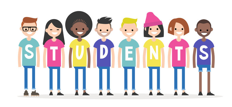 International students wearing colourful t-shirts. University life conceptual illustration. Multiracial group of young students. Flat editable characters, clip art