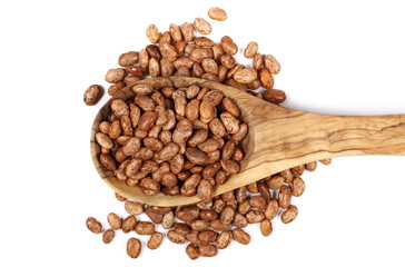 Colorful beans in wooden spoon isolated on a white background, top view
