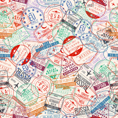 Passport stamp seamless pattern. International arrivals sign rubber, visa airport stamps and watermarks