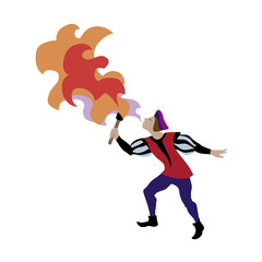 Medieval fire eater, man Vector illustration cartoon character of fire-breather in european middle ages or medieval period historic period person, drawing renaissance fair or christmas market.