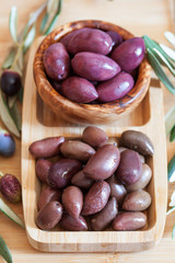 olives on wooden background, kalamata, kalamon, green olives
