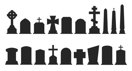 Set of gravestone silhouettes isolated on white background. Vector illustration