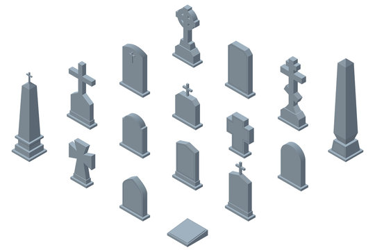Set of gravestones isolated on white background. Isometric vector illustration