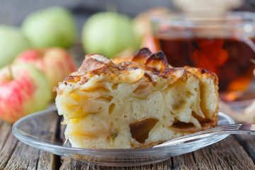 Pie with organic apples and hot brewed tea