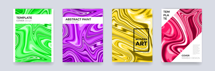 Marble color splash or paint abstract design texture background for brochure banner, poster or magazine cover template. Vector set of marbling texture creative watercolor art pattern gradient backdrop