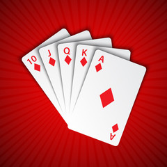 A royal flush of diamonds on red background, winning hands of poker cards, casino playing cards