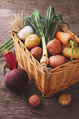 Vegetables in a basket: beets, onions, garlic, dill, potatoes, carrots on an old wooden background