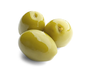 Tasty canned olives on white background