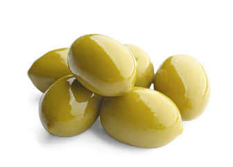 Tasty canned olives on white background