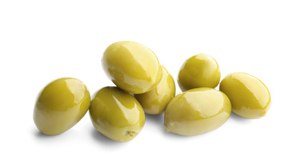 Tasty canned olives on white background