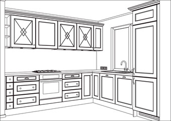 3D vector sketch. Classic kitchen design in home interior. Kitchen sketch. Kitchen appliances and decorations. Home Design Software Programs. Project management. Lines, projection, construction, glass