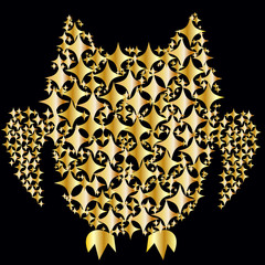 An owl consisting of gold plates on a black background. The symbol of wealth, wisdom
