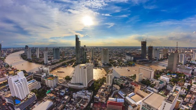 Aerial Bangkok Citysacpe And Chao Phraya River Of Bangkok, Thailand 4K Time Lapse (zoom in)