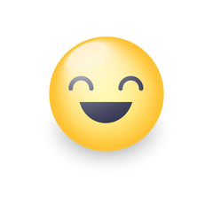 Fun yellow cartoon emoji face with smile and open eyes. Cute vector happy emoticon. Realistic smiley.