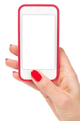 Female hand holding a smartphone. Isolated