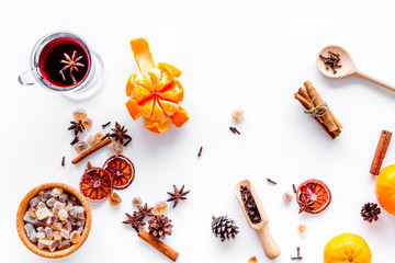 Celebrate new year winter evening with hot drink. Mulled wine or grog ingredients. White background...